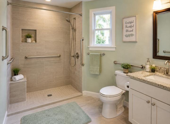 A Florida senior bathroom converted to an accessible walk-in shower with grab bars — showing the finished result in a residential home