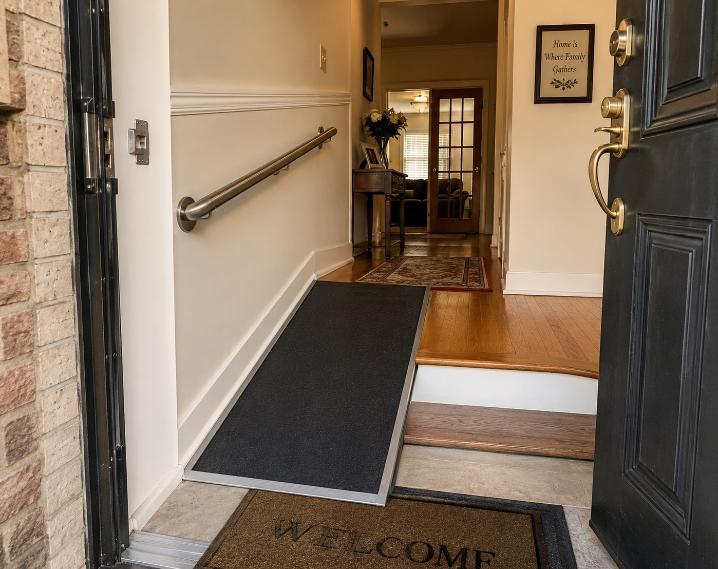  A New York City home entrance with a newly installed interior step ramp and grab bar — Queens residential building style