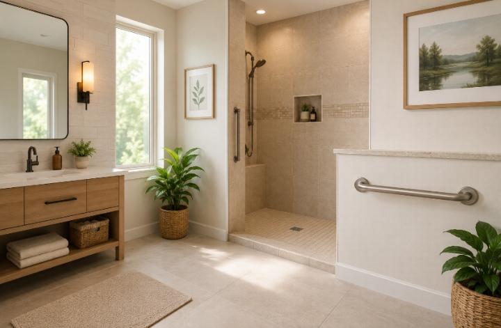 A bright, modern bathroom with a grab bar and walk-in shower entrance — warm natural lighting, no clinical equipment visible