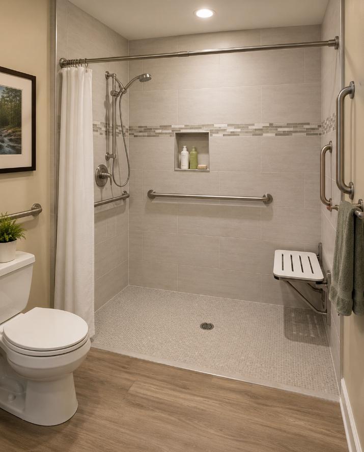 A finished roll-in shower conversion in a California senior home — grab bars, non-slip flooring, no-threshold entry
