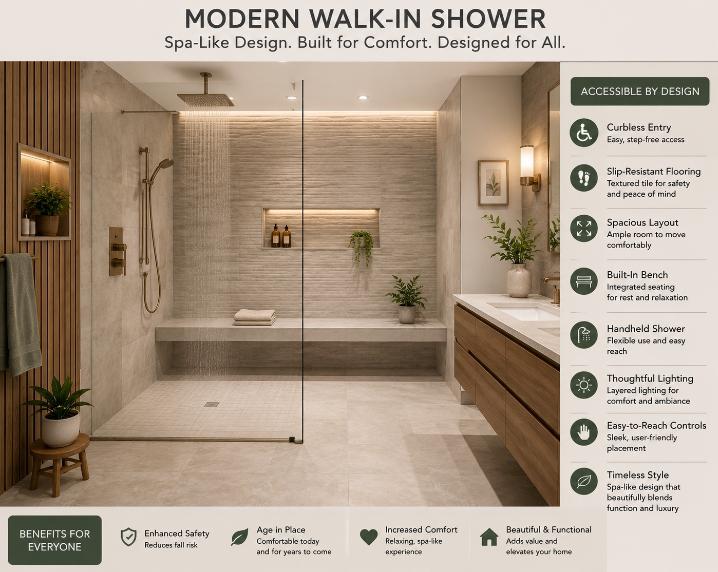 A modern walk-in shower with spa-like design that doubles as an accessibility feature — no visible medical equipment