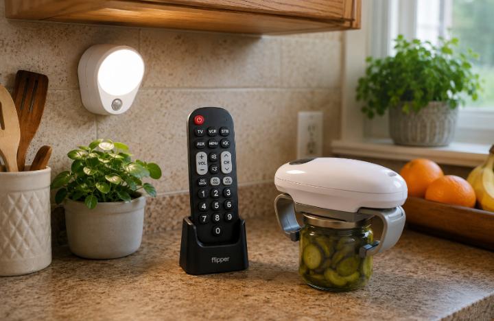 A non-screen gadget setup — motion sensor light, large-button remote, and electric jar opener on a kitchen counter