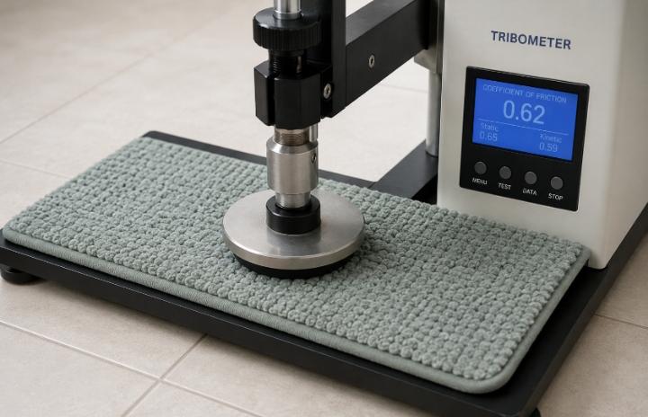 A tribometer device measuring grip on a bath mat sample — close-up testing setup on tile flooring