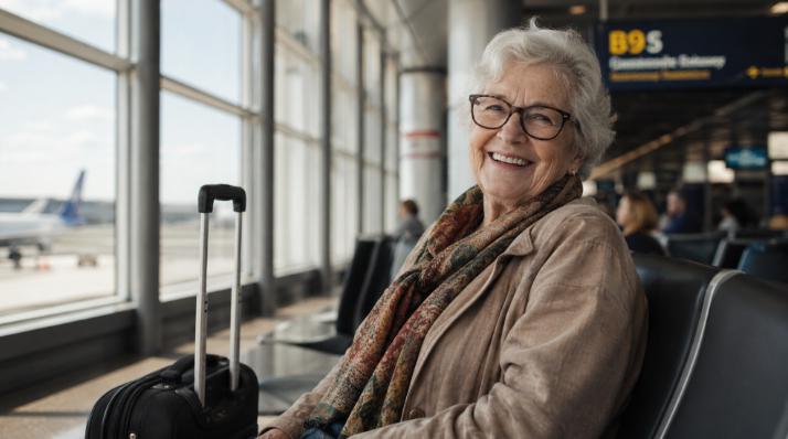 A woman in her late 70s smiling at an airport departure gate, carry-on bag beside her, 