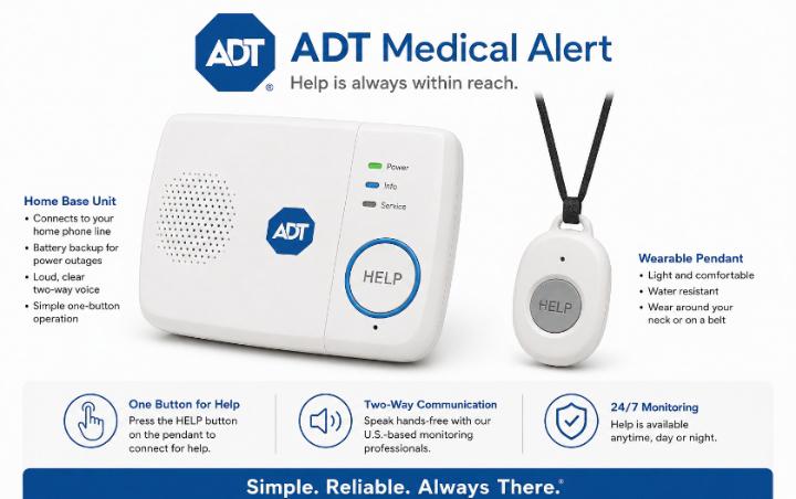 ADT Medical Alert home base unit and wearable pendant — showing simple button design