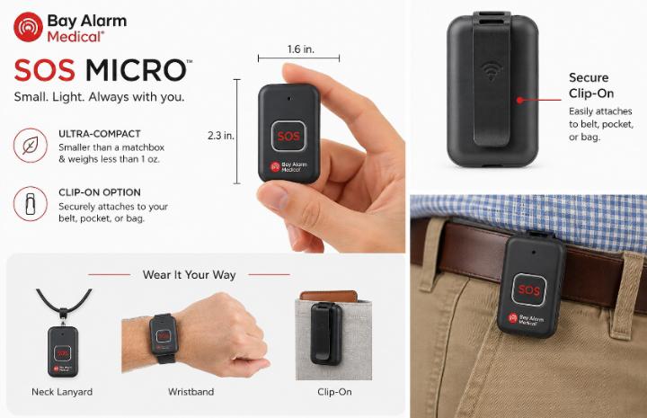 Bay Alarm Medical SOS device — showing the compact size and clip-on option