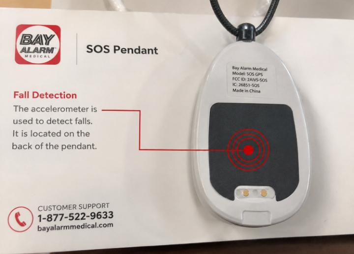 Bay Alarm Medical SOS pendant showing the fall detection module location