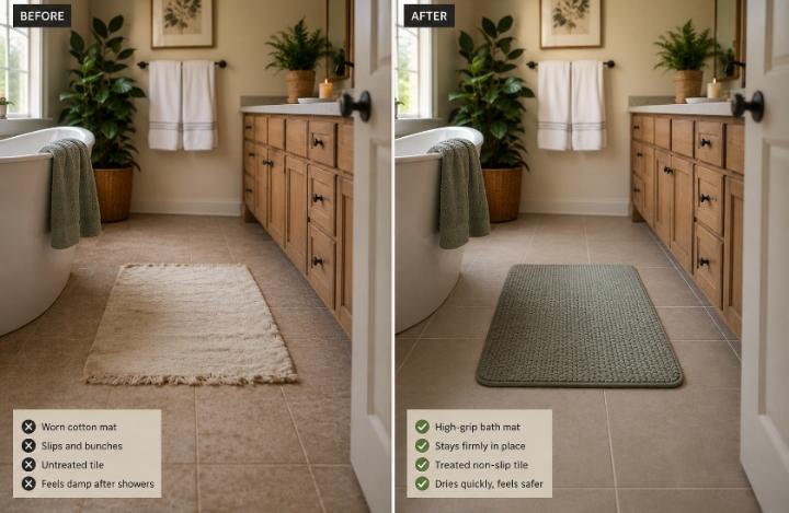 Before and after photo of Margaret's bathroom floor — old cotton mat vs new high-grip mat and treated tile