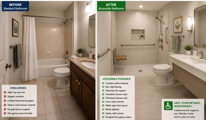 Before and after split image of a standard bathroom converted into a fully accessible walk-in shower bathroom