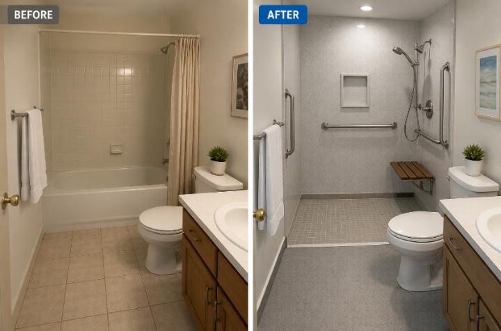 Before and after home safety checklist— a standard bathroom converted to an accessible bathroom with grab bars, roll-in shower, and non-slip flooring