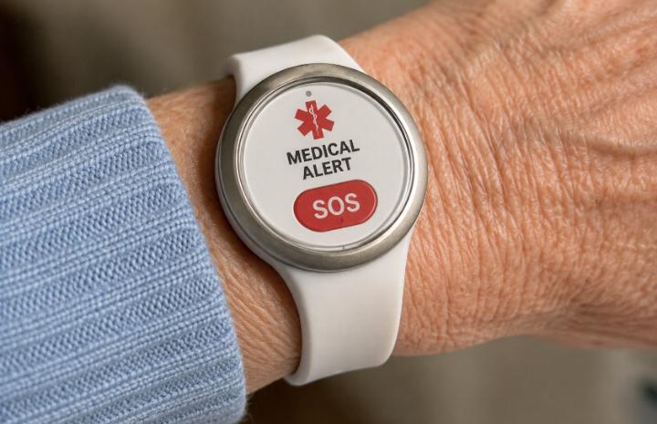 Close-up of a medical alert watch on a senior's wrist — showing the SOS button clearly visible