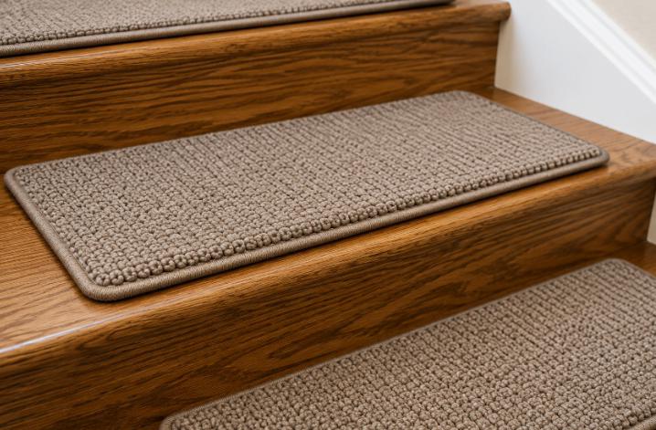 Close-up of non-slip stair treads applied to a wooden staircase — showing texture and edge application