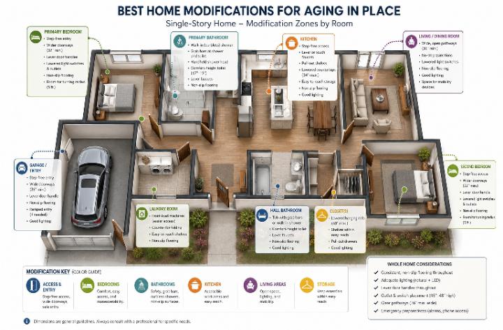Cutaway floor plan diagram of a single-story home highlighting modification zones in each room