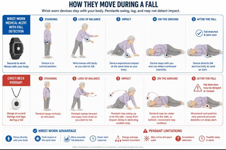 Diagram showing how a wrist-worn medical alert system with fall detection device moves differently than a chest/neck pendant during a fall