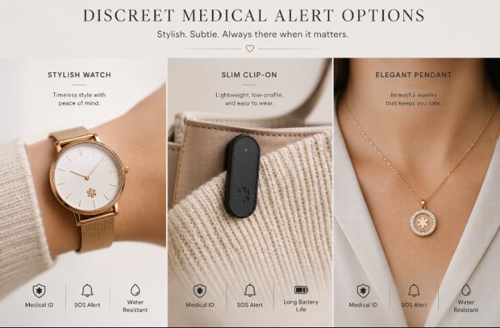 Discreet medical alert options — a stylish watch, a slim clip-on, and a pendant that resembles jewelry