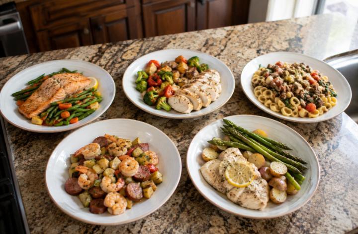 Five simple one-pan senior meals laid out on a kitchen counter, natural lighting, homestyle plating