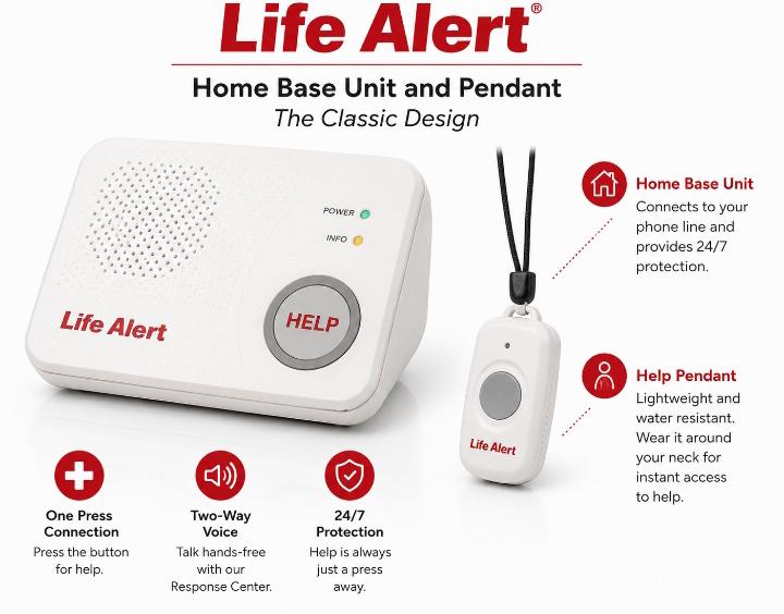 Life Alert home base unit and pendant — showing the classic design