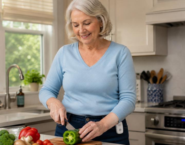 Lively Mobile2 device clipped to a senior woman's waistband — shown in a kitchen setting
