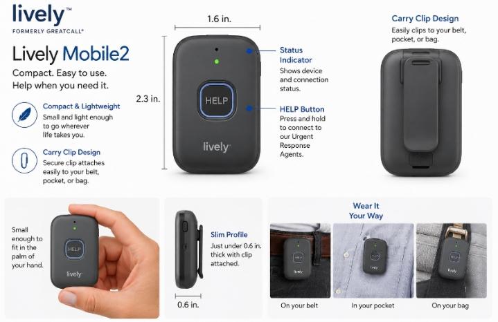 Lively Mobile2 device — showing compact carry clip design and button placement