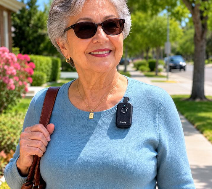 Lively Mobile2 worn as a clip-on pendant — showing outdoor use scenario