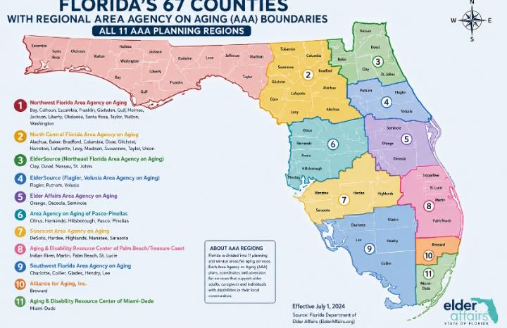 Map of Florida's 67 counties with regional Area Agency on Aging boundaries marked — showing all 11 AAA planning regions