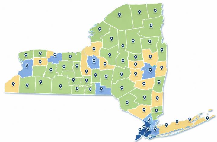 Map of New York State showing the 59 county Office for the Aging service areas — urban, suburban, and rural distinctions visible
