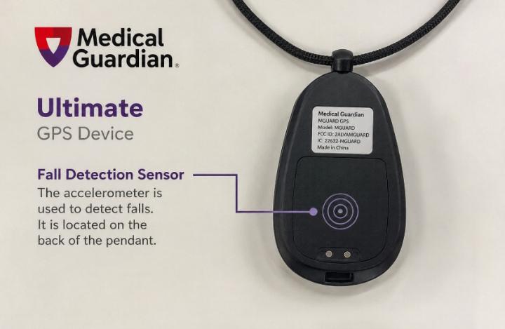 Medical Guardian Ultimate GPS device — showing fall detection sensor position on the pendant
