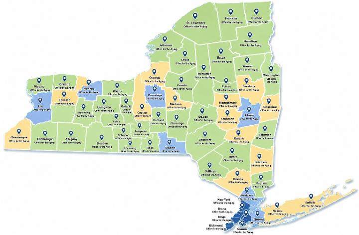 Map of New York State showing the 59 county Office for the Aging service areas — urban, suburban, and rural distinctions visible