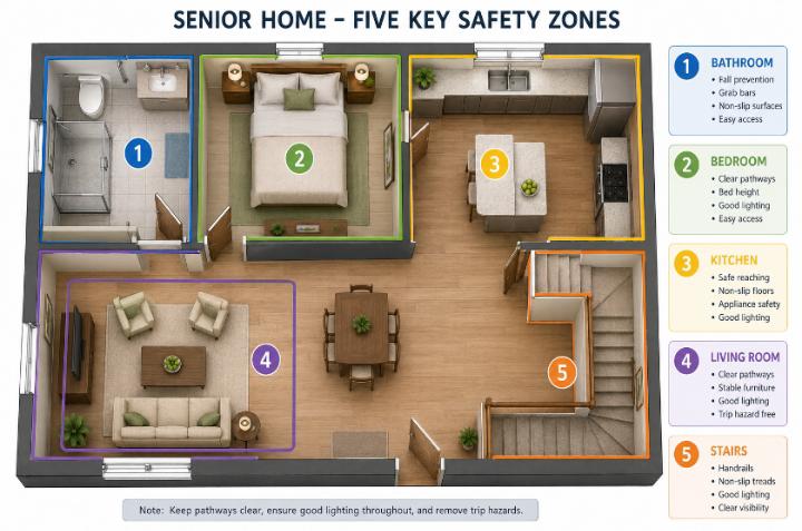 Overhead room-by-room diagram of a senior home showing the five key safety zones — bathroom, bedroom, kitchen, living room, stairs