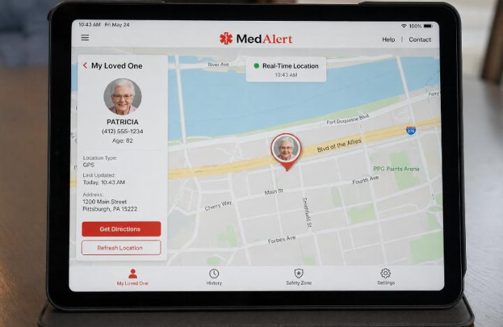 Screenshot of caregiver GPS tracking app showing senior's location on a map in real time