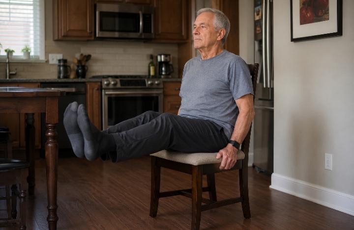 Senior man doing a seated leg raise in a sturdy kitchen chair — natural home setting, no gym equipment visible
