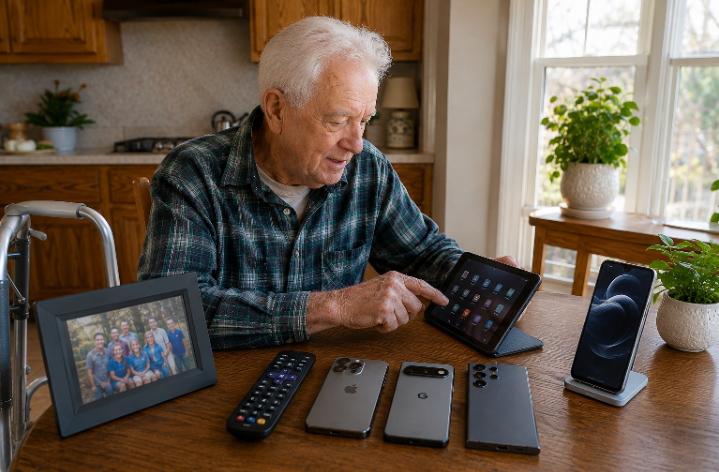 Senior man testing several tech gadgets laid out on a kitchen table — tablet, remote, smartphone, photo frame