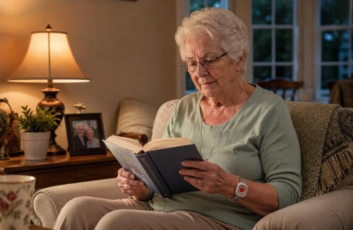 Senior woman alone at home in the evening — reading in a well-lit living room with a medical alert device visible on her wrist]