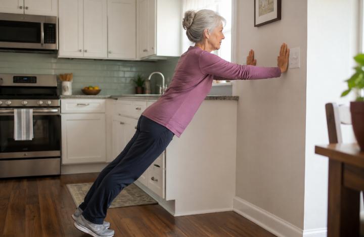 Senior woman doing a wall push-up in her kitchen — showing proper hand placement and natural home environment