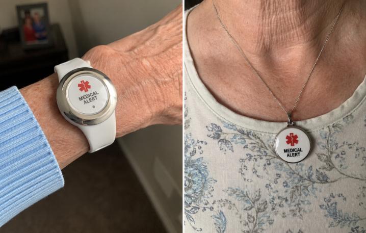 Side-by-side photo of a medical alert watch on a wrist next to a pendant worn around a neck — both on real senior hands