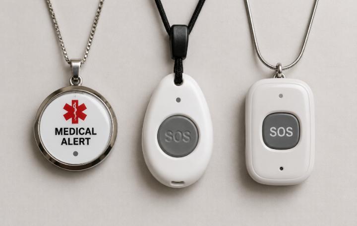 Three different medical alert pendants side by side — showing size and button differences