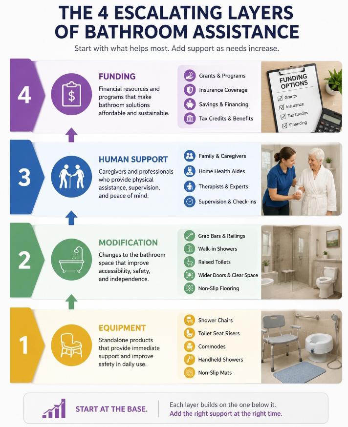  a Diagram showing the four escalating layers of bathroom assistance — equipment, modification, human support, funding