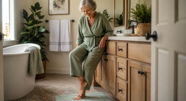 a senior woman testing a bath mat's grip with her bare foot on a sunlit bathroom floor, warm and natural, not clinical