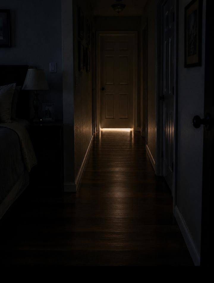 A dark bedroom hallway at night with a faint light glowing beneath a bathroom door at the far end, moody low-light photography style