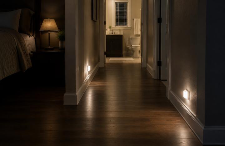 A nighttime home safety walkthrough showing a clear bedroom-to-bathroom path with shoes, electrical cords, loose rugs, and clutter removed, soft low-level lighting revealing a safe unobstructed walkway