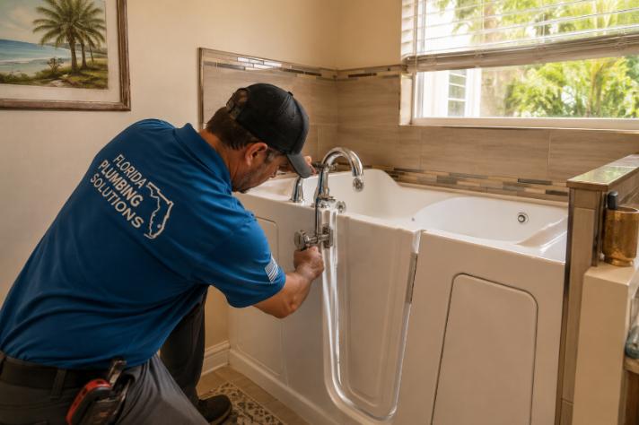 A plumber completing final connections on a walk-in tub in a Florida residential bathroom