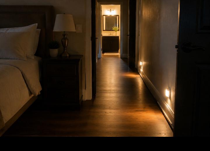A senior-friendly bedroom and hallway at night with warm motion-activated pathway lights illuminating the floor from the bedside toward a nearby bathroom