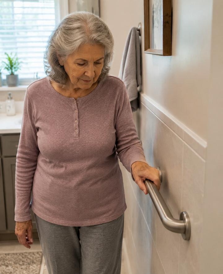 A senior woman in her early 70s standing at a bathroom grab bar, hand resting on it naturally in a home bathroom.