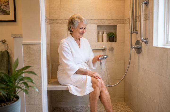 A senior woman seated on a shower bench with handheld showerhead in a bright residential walk-in shower