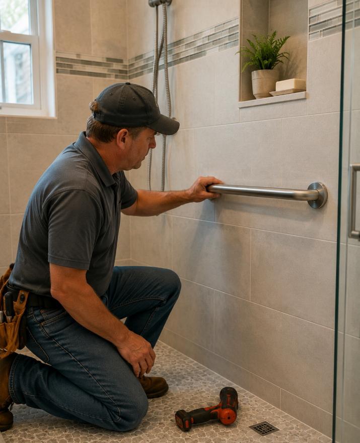 A warm, natural lifestyle photograph of a contractor installing a horizontal grab bar in a residential shower at the correct height for an elderly user.