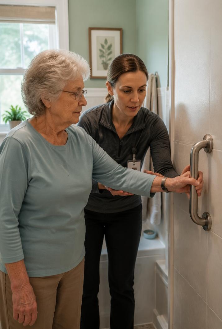  A warm, natural lifestyle photograph of an occupational therapist guiding a senior woman's hand to a grab bar in a home bathroom during an assessment. 