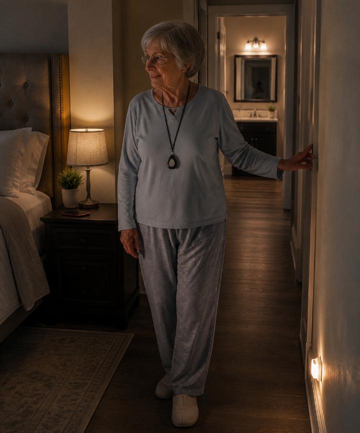 An older adult wearing a discreet medical alert pendant while standing safely in a softly lit bedroom hallway at night