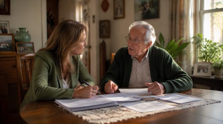 Elderly man reviewing paperwork with a caseworker at his dining table during a home visit.