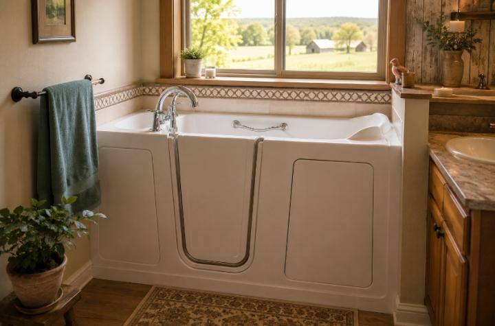 Finished walk-in tub installation in a rural Tennessee home — warm afternoon light through bathroom window