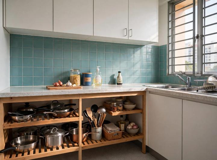 HDB kitchen with lower shelf storage clearly reachable, everyday pots and utensils at waist height, warm daylight